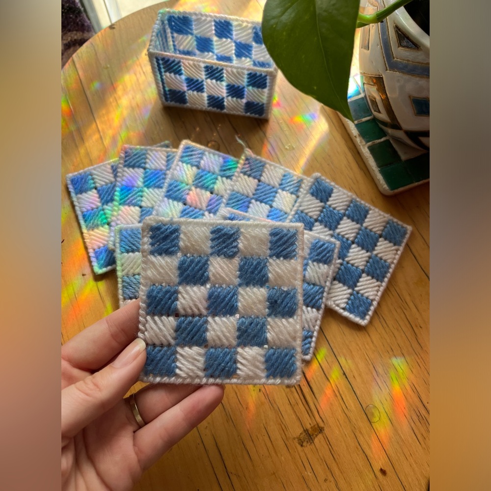 Cute cross-stitched coasters with blue and white checkered pattern